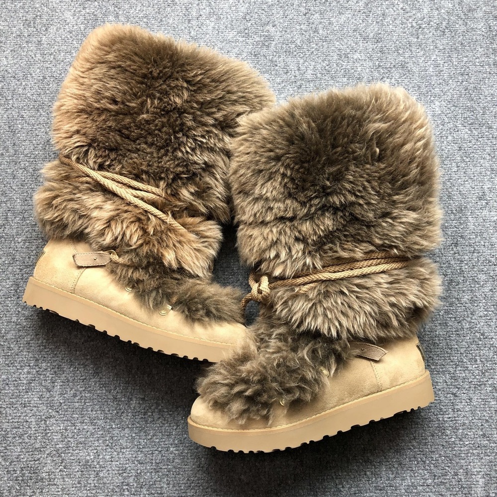 Y2K UGG Classic Posh Short Fur Pull-on Boots Beachwood Long Sheepskin Size 9